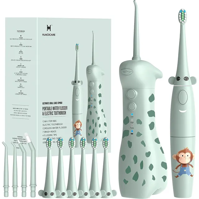 HUACO CARE Kids Water Flosser & Toothbrush Set – Light Green
